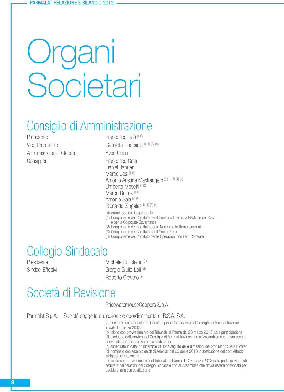 Collegio Sindacale Presidente Sindaci Effettivi (i) (1) (3) (4) (a) (i) Amministratore indipendente (1) Componente del Comitato per il Controllo Interno, la Gestione dei Rischi e per la Corporate