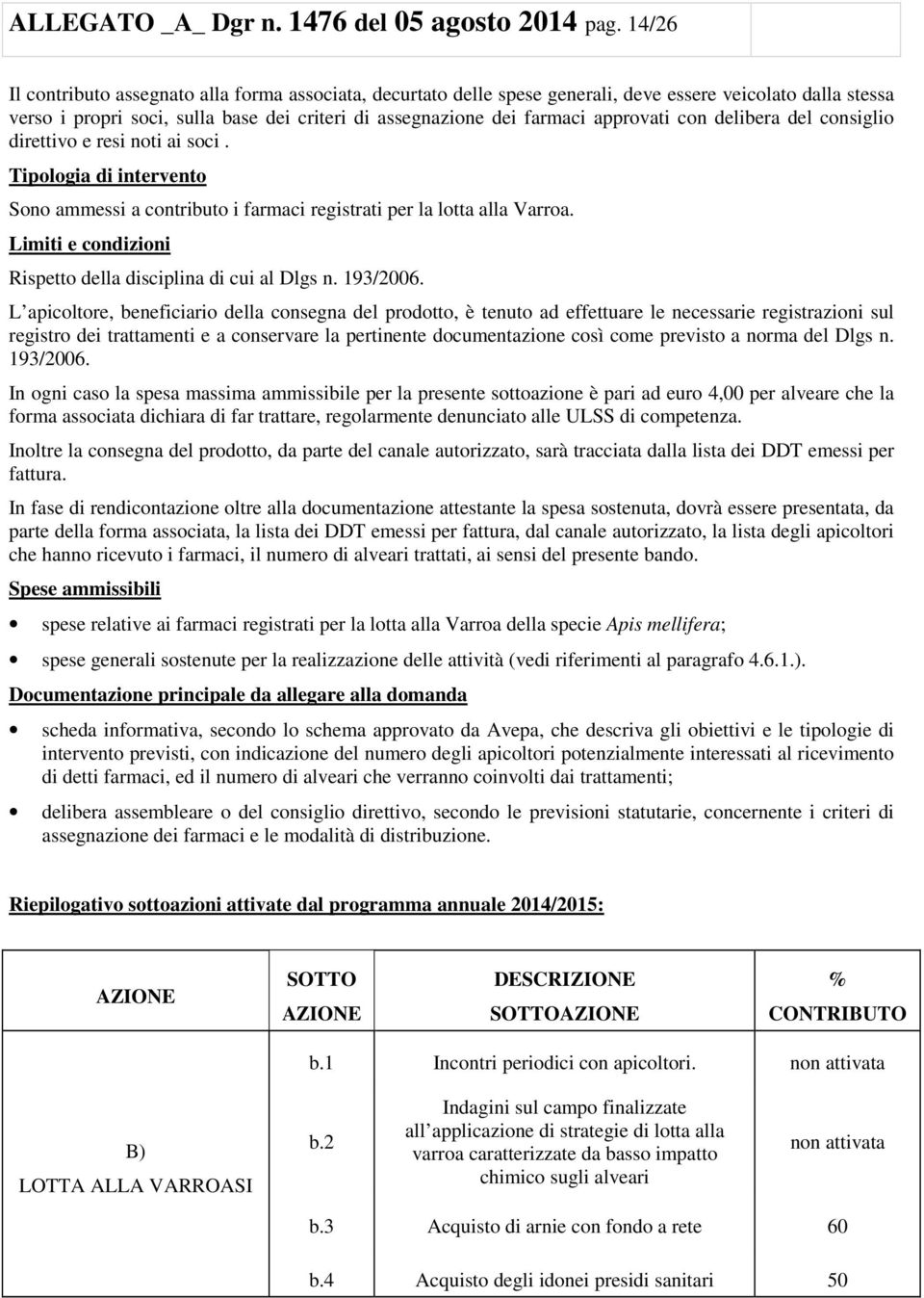 approvati con delibera del consiglio direttivo e resi noti ai soci. Tipologia di intervento Sono ammessi a contributo i farmaci registrati per la lotta alla Varroa.