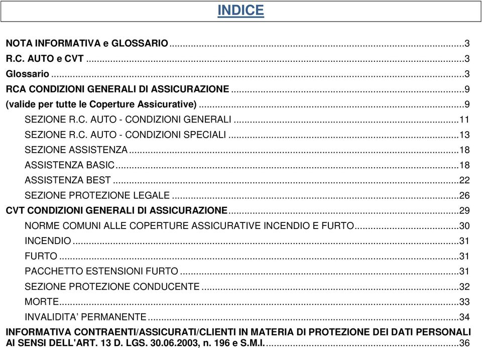 .. 29 NORME COMUNI ALLE COPERTURE ASSICURATIVE INCENDIO E FURTO... 30 INCENDIO... 31 FURTO... 31 PACCHETTO ESTENSIONI FURTO... 31 SEZIONE PROTEZIONE CONDUCENTE... 32 MORTE.