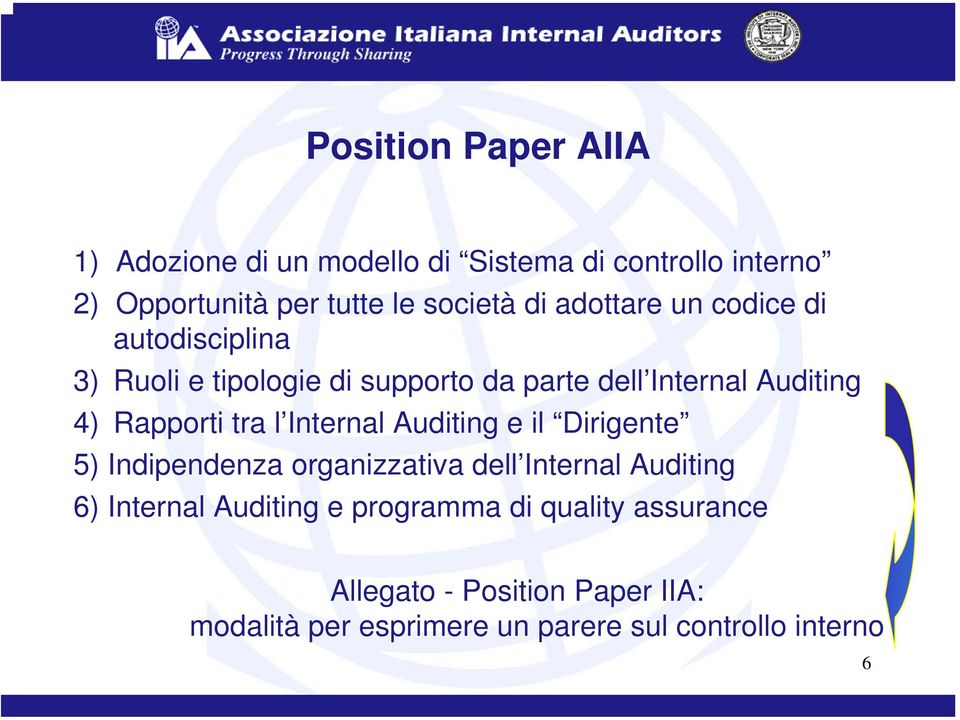 Internal Auditing e il Dirigente 5) Indipendenza organizzativa dell Internal Auditing 6) Internal Auditing e