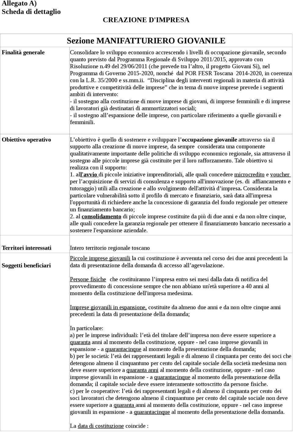 49 del 29/06/2011 (che prevede tra l altro, il progetto Giovani Sì), nel Programma di Governo 2015-2020, nonché dal POR FESR Toscana 2014-2020, in coerenza con la L.R. 35/2000 e ss.mm.ii.