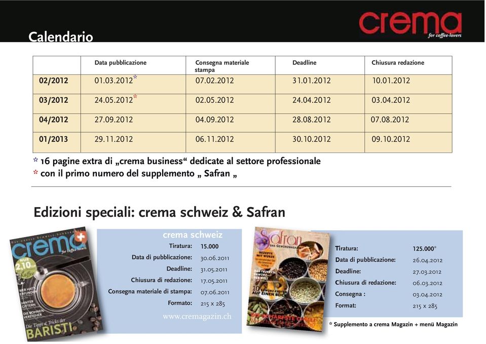 2012 09.10.2012 * 16 pagine extra di crema business dedicate al settore professionale * con il primo numero del supplemento Safran Edizioni speciali: crema schweiz & Safran crema schweiz Tiratura: 15.