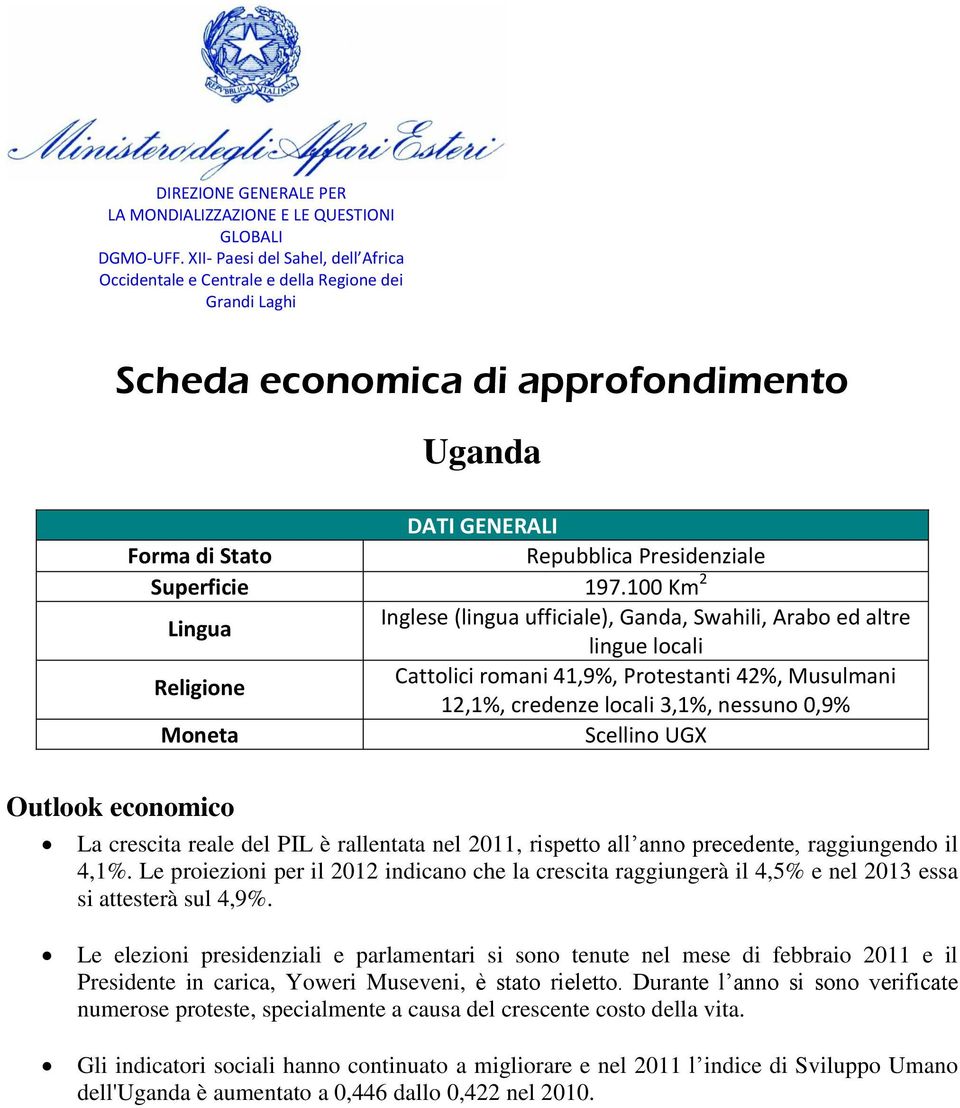 197.100 Km 2 Lingua Inglese (lingua ufficiale), Ganda, Swahili, Arabo ed altre lingue locali Religione Cattolici romani 41,9%, Protestanti 42%, Musulmani 12,1%, credenze locali 3,1%, nessuno 0,9%