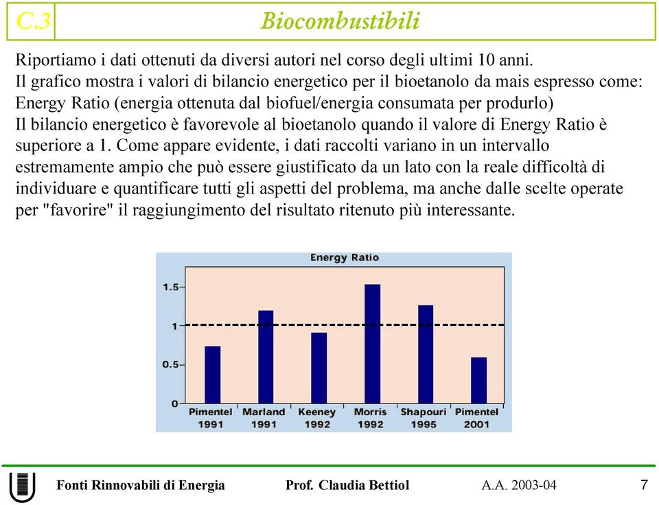 produrlo) Il bilancio energetico è favorevole al bioetanolo quando il valore di Energy Ratio è superiore a 1.