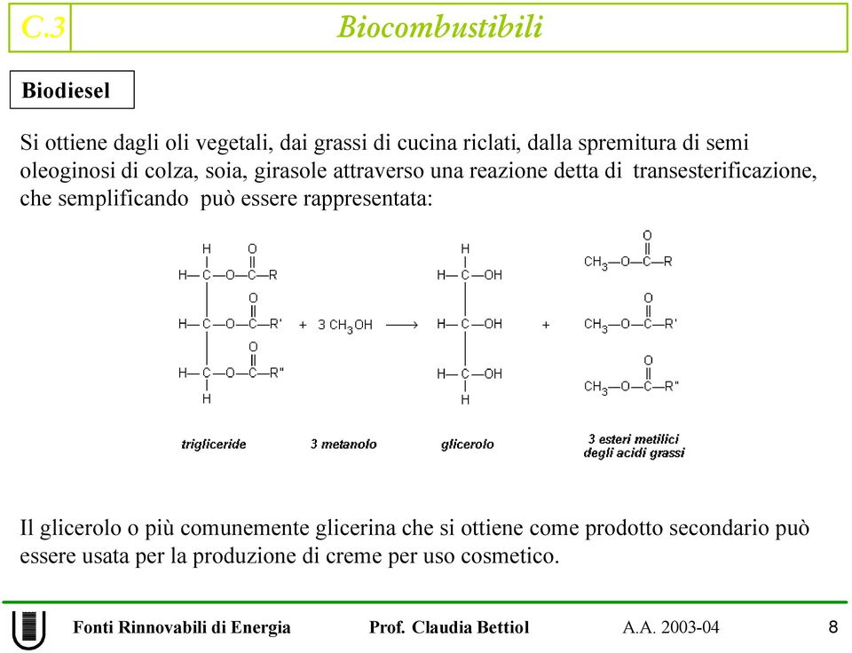 transesterificazione, che semplificando può essere rappresentata: Il glicerolo o più