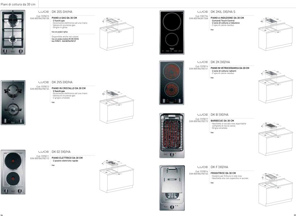 F078212 - EAN 8007842782127 DK 2K (IX)/HA Cod. F078214 EAN 8007842782141 PIANO IN VETROCERAMICA DA 30 CM 2 zone di cottura radianti 2 spie di calore residuo DK 2VS (IX)/HA Cod.