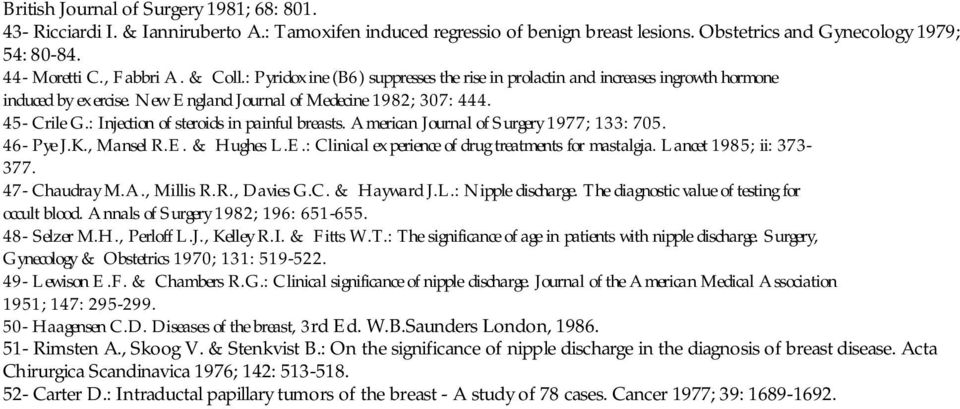 : Injection of steroids in painful breasts. American Journal of Surgery 1977; 133: 705. 46- Pye J.K., Mansel R.E. & Hughes L.E.: Clinical experience of drug treatments for mastalgia.