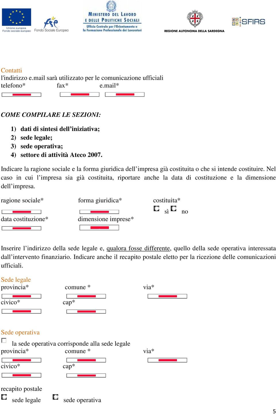 Indicare la ragione sociale e la forma giuridica dell impresa già costituita o che si intende costituire.