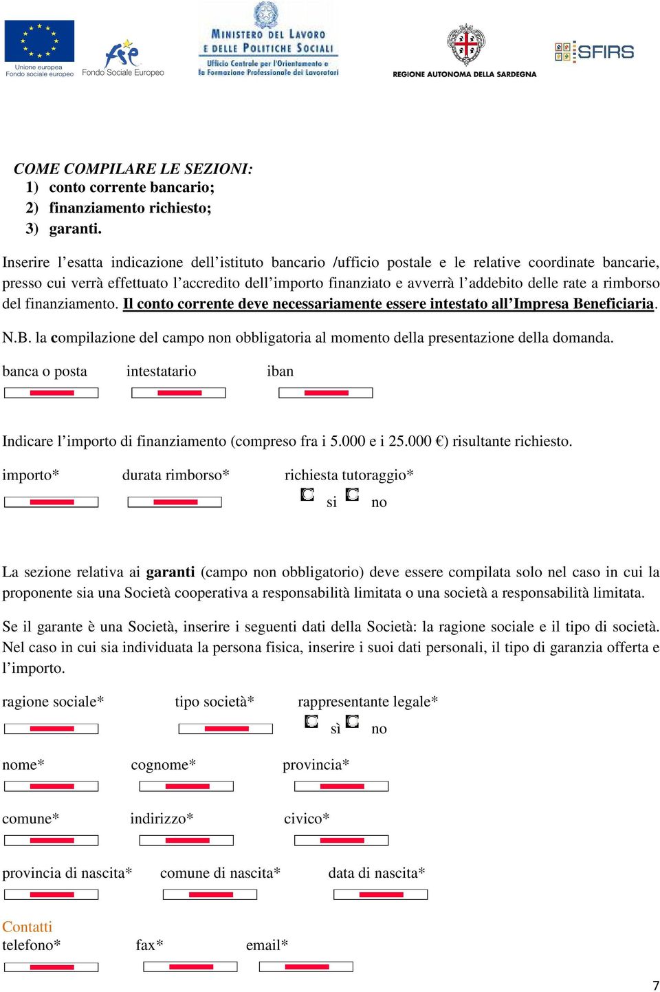 rate a rimborso del finanziamento. Il conto corrente deve necessariamente essere intestato all Impresa Beneficiaria. N.B. la compilazione del campo non obbligatoria al momento della presentazione della domanda.