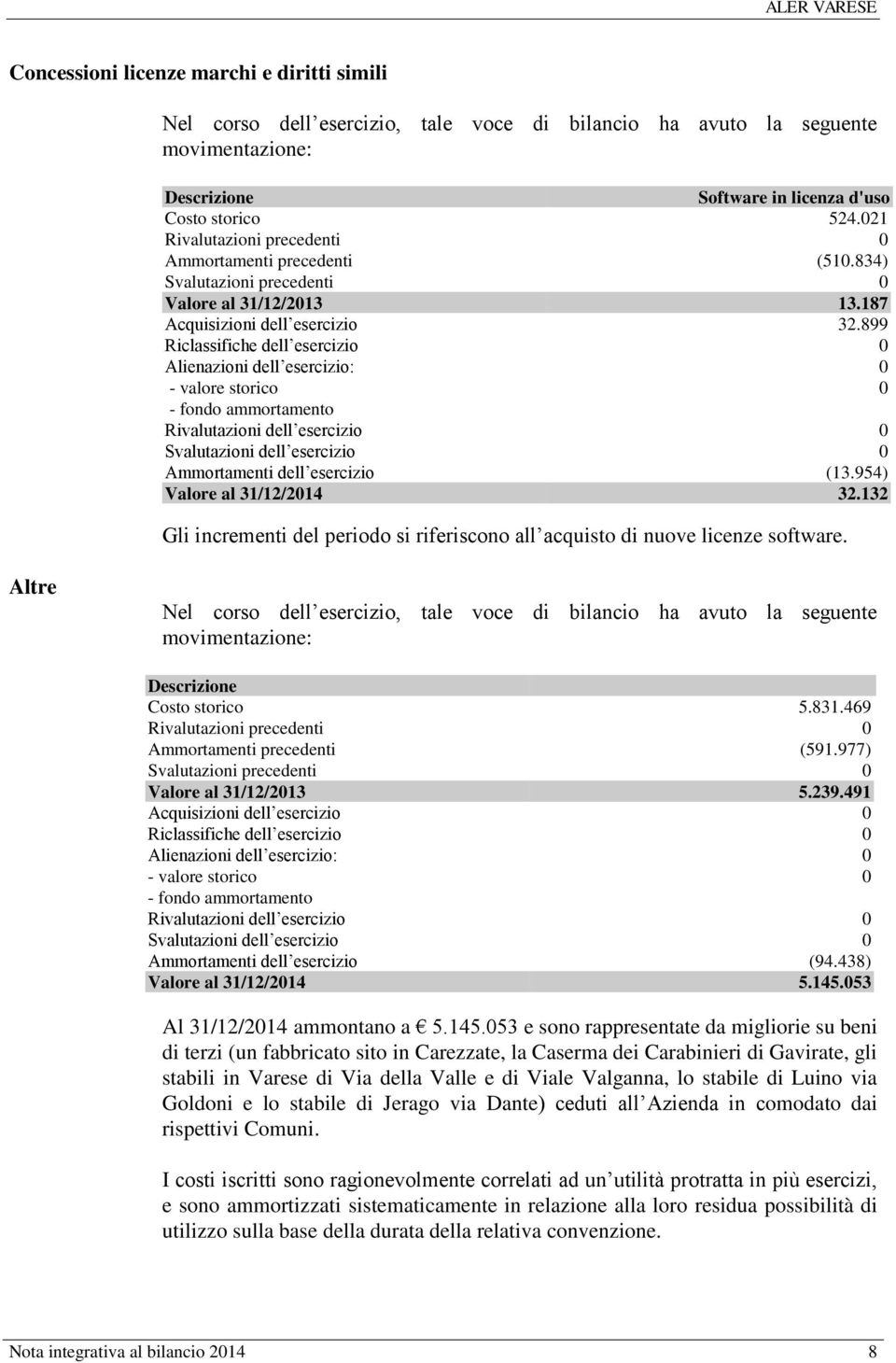 899 Riclassifiche dell esercizio 0 Alienazioni dell esercizio: 0 - valore storico 0 - fondo ammortamento Rivalutazioni dell esercizio 0 Svalutazioni dell esercizio 0 Ammortamenti dell esercizio (13.