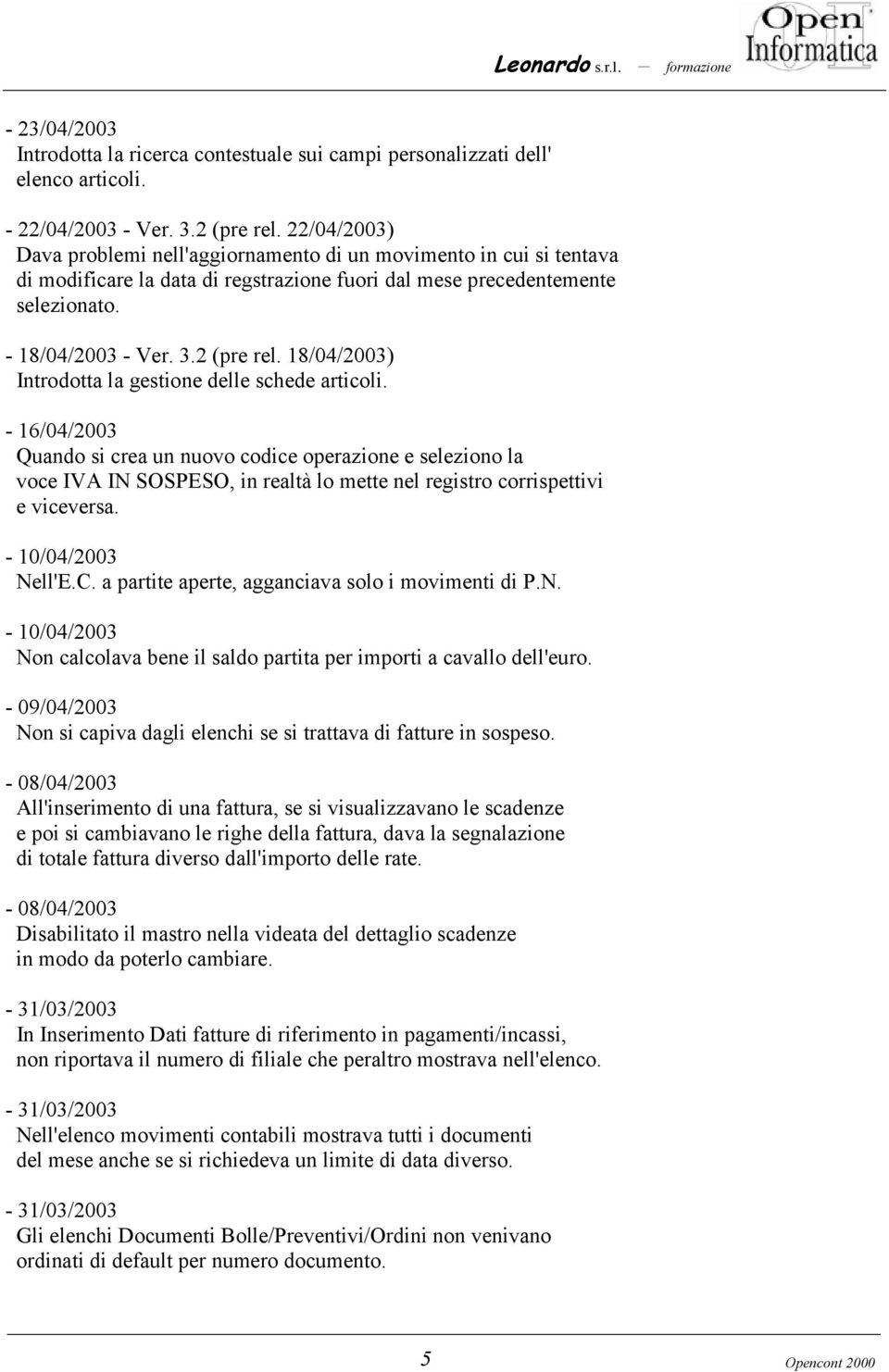 18/04/2003) Introdotta la gestione delle schede articoli.