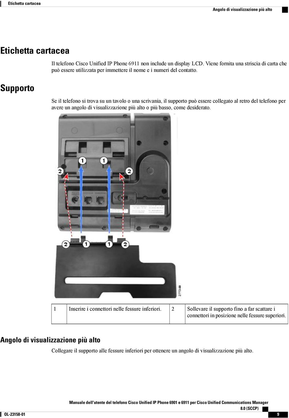 Se il telefono si trova su un tavolo o una scrivania, il supporto può essere collegato al retro del telefono per avere un angolo di visualizzazione più alto o più basso, come desiderato.