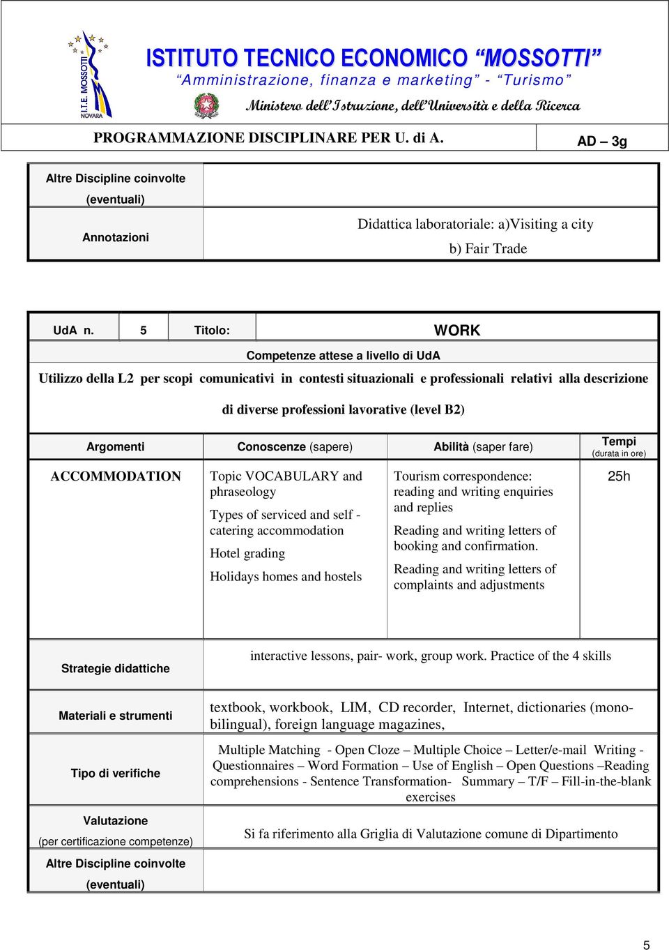 VOCABULARY and phraseology Types of serviced and self - catering accommodation Hotel grading Holidays homes and hostels Tourism correspondence: reading and writing enquiries and replies Reading