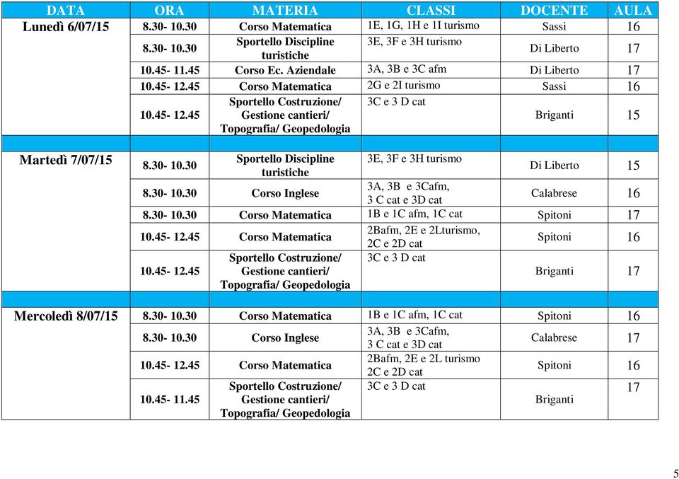 30 Sportello Discipline Di Liberto 15 Calabrese 16 8.30-10.30 Corso Matematica 1B e 1C afm, 1C cat Spitoni 17 2Bafm, 2E e 2L, Spitoni 16 10.45-12.