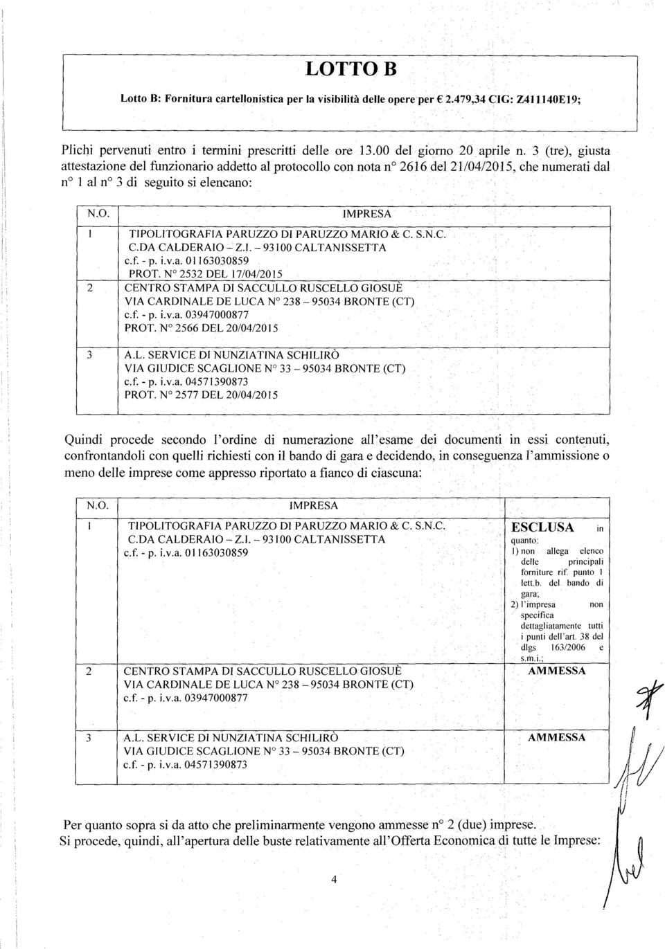 N.C. C.DA CALDERAIO - Z.l. - 93100 CALTANISSETTA c.f. - p. i.v.a. 01163030859 PROT. W 2532 DEL 17/04/2015 2 CENTRO STAMPA DI SACCULLO RUSCELLO GIOSUÈ VIA CARDINALE DE LUCA N 238-95034 BRONTE (CT) c.f. - p. i.v.a. 03947000877 PROT.