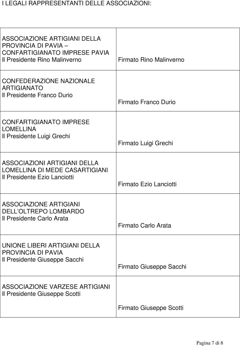 ARTIGIANI DELLA LOMELLINA DI MEDE CASARTIGIANI Il Presidente Ezio Lanciotti Firmato Ezio Lanciotti ASSOCIAZIONE ARTIGIANI DELL OLTREPO LOMBARDO Il Presidente Carlo Arata Firmato Carlo