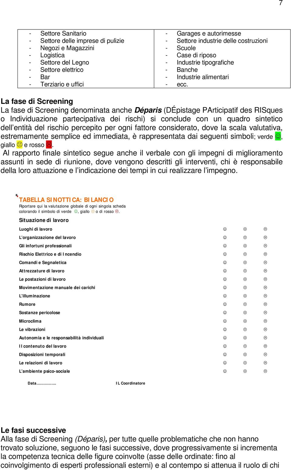 La fase di Screening La fase di Screening denominata anche Déparis (DÉpistage PArticipatif des RISques o Individuazione partecipativa dei rischi) si conclude con un quadro sintetico dell entità del