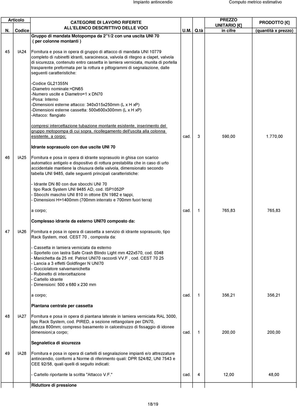 dalle seguenti caratteristiche: -Codice GL21355N -Diametro nominale:=dn65 -Numero uscite e Diametro=1 x DN70 -Posa: Interno -Dimensioni esterne attacco: 340x315x250mm (L x H xp) -Dimensioni esterne