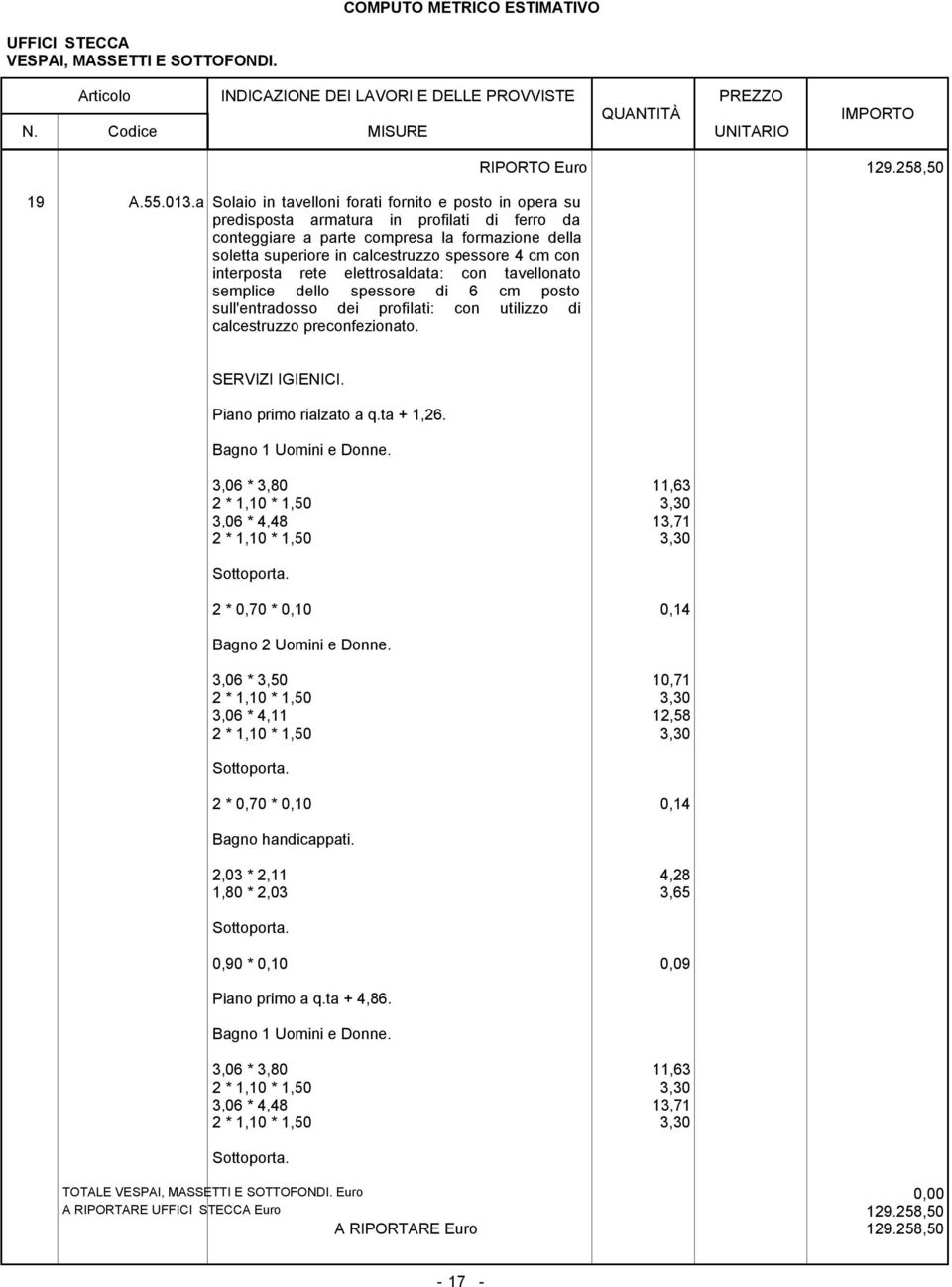 con interposta rete elettrosaldata: con tavellonato semplice dello spessore di 6 cm posto sull'entradosso dei profilati: con utilizzo di calcestruzzo preconfezionato. RIPORTO Euro 129.