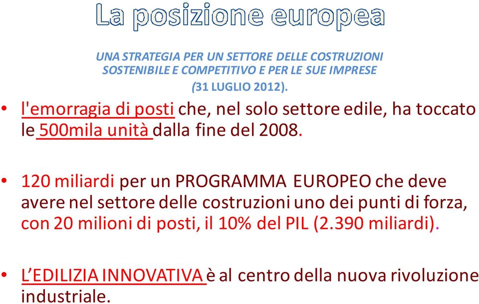 120 miliardi per unprogramma EUROPEO che deve avere nel settore delle costruzioni uno dei punti di forza, con