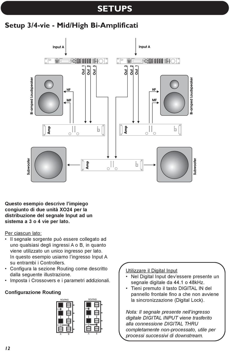 In questo esempio usiamo l ingresso Input A su entrambi i Controllers. Configura la sezione Routing come descritto dalla seguente illustrazione. Imposta i Crossovers e i parametri addizionali.