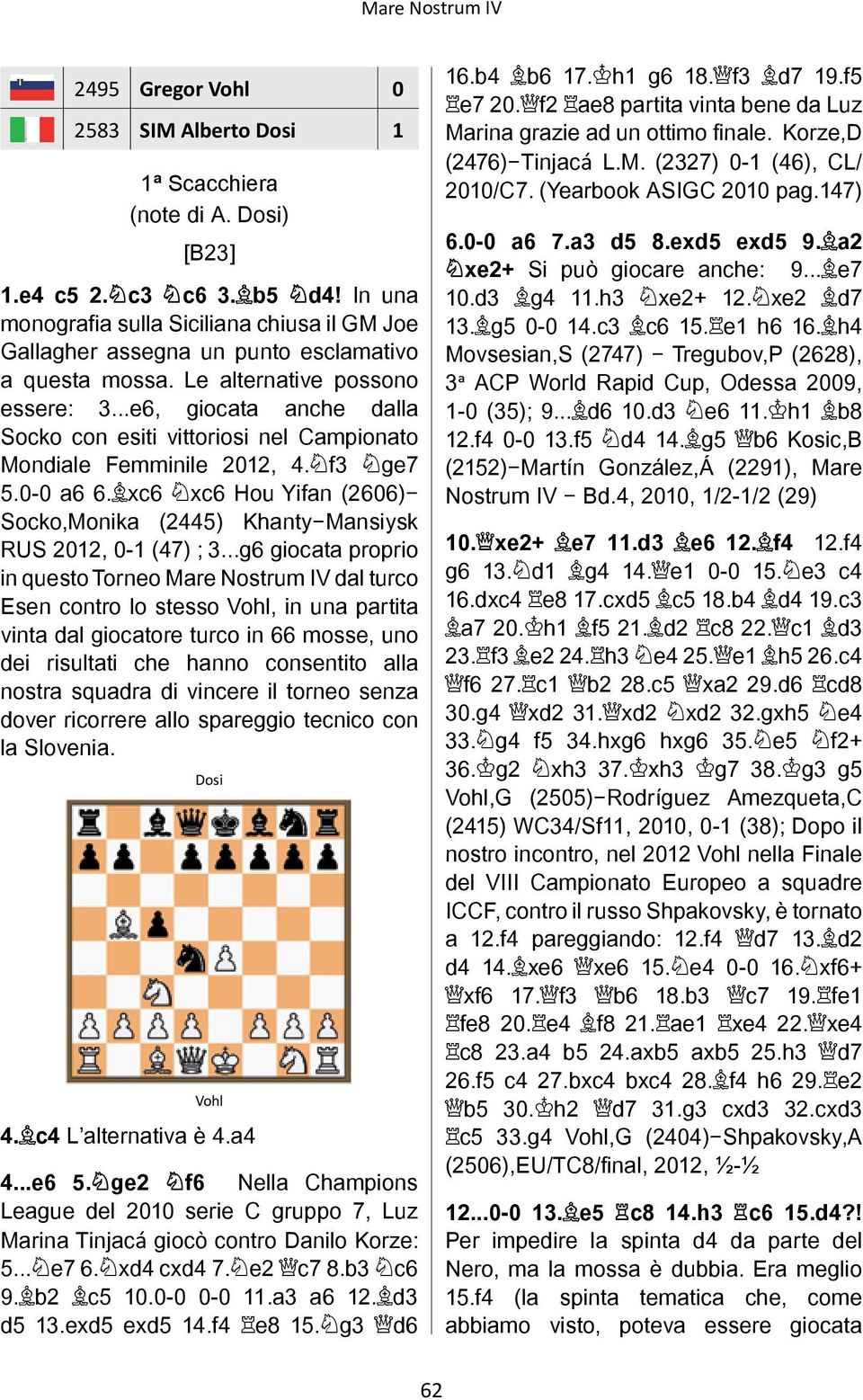 ..e6, giocata anche dalla Socko con esiti vittoriosi nel Campionato Mondiale Femminile 2012, 4. f3 ge7 5.0 0 a6 6. xc6 xc6 Hou Yifan (2606)- Socko,Monika (2445) Khanty-Mansiysk RUS 2012, 0 1 (47) ; 3.