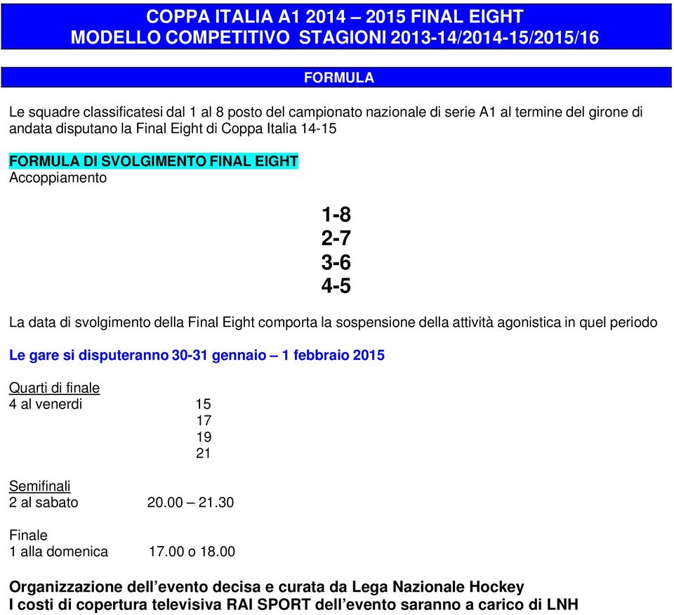 comporta la sospensione della attività agonistica in quel periodo Le gare si disputeranno 30-31 gennaio 1 febbraio 2015 Quarti di finale 4 al venerdi 15 17 19 21 Semifinali 2 al sabato