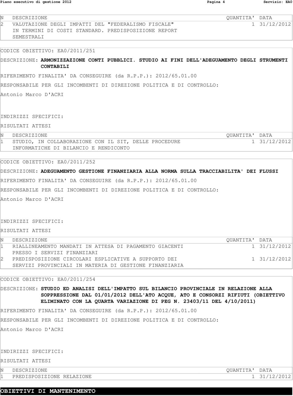 STUDIO AI FINI DELL'ADEGUAMENTO DEGLI STRUMENTI CONTABILI 1 STUDIO, IN COLLABORAZIONE CON IL SIT, DELLE PROCEDURE INFORMATICHE DI BILANCIO E RENDICONTO CODICE OBIETTIVO: EA0/2011/252 DESCRIZIONE: