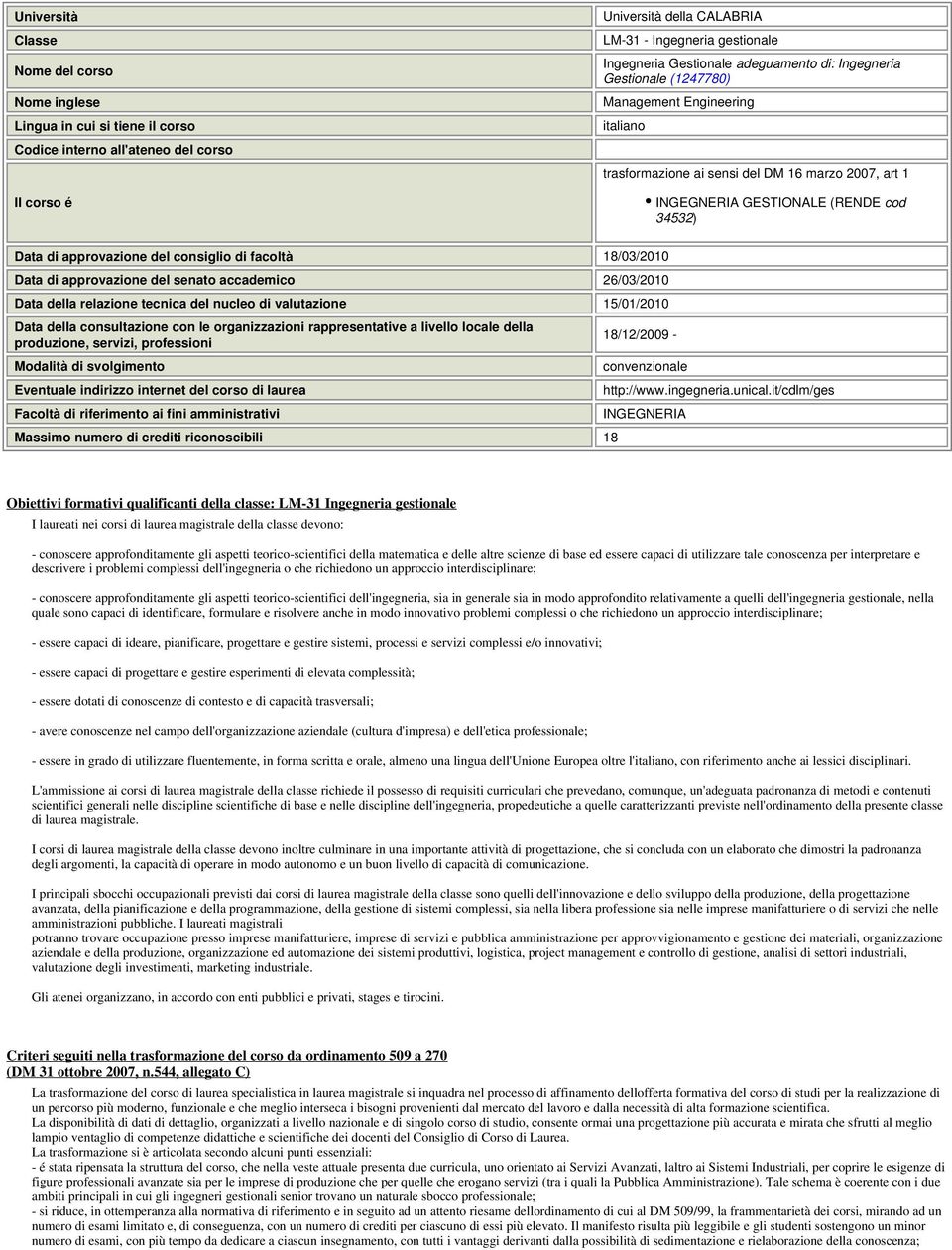 approvazione del consiglio di facoltà 18/03/2010 Data di approvazione del senato accademico 26/03/2010 Data della relazione tecnica del nucleo di valutazione 15/01/2010 Data della consultazione con