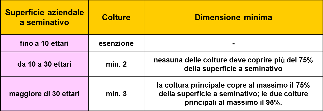 La diversificazione Interessa solo le superfici a seminativo fino a 10 ettari a seminativo, nessun obbligo di diversificazione; da 10 a 30 ha di seminativo: obbligo di due colture, con la coltura