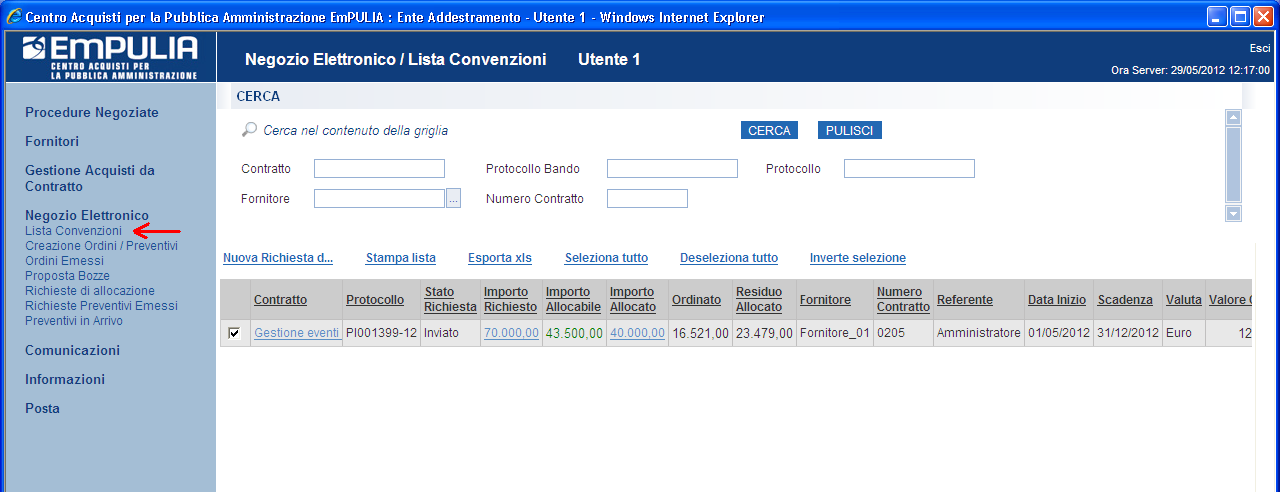 Lista Convenzioni E la funzione che permette di ottenere l elenco di tutti i contratti pubblicati con evidenza del valore del contratto, dell eventuale allocazione rispetto a quanto richiesto, del