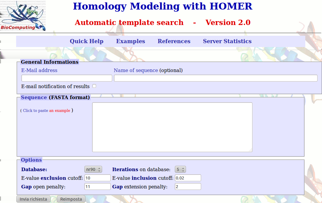 6 HOMER: web server per la modellazione comparativa Figura 25: L interfaccia web del servizio Homer L approccio al problema del protein folding può essere affrontato in molti modi.