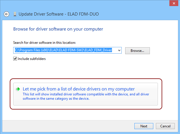 Nella prossima finestra disabilitare Include subfolders, selezionare Let me pick from a list of device drivers on my computer. Non cliccare Next.