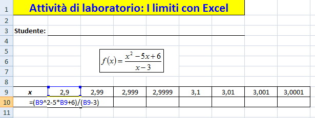 12. Dopo aver cliccato su INVIO, trascina il valore ottenuto nella cella a tutte le altre celle. Otterrai una tabella del tipo: f(x) 0,9 0,99 0,999 0,9999 1,1 1,01 1,001 1,0001 13. Cosa noti? 14.