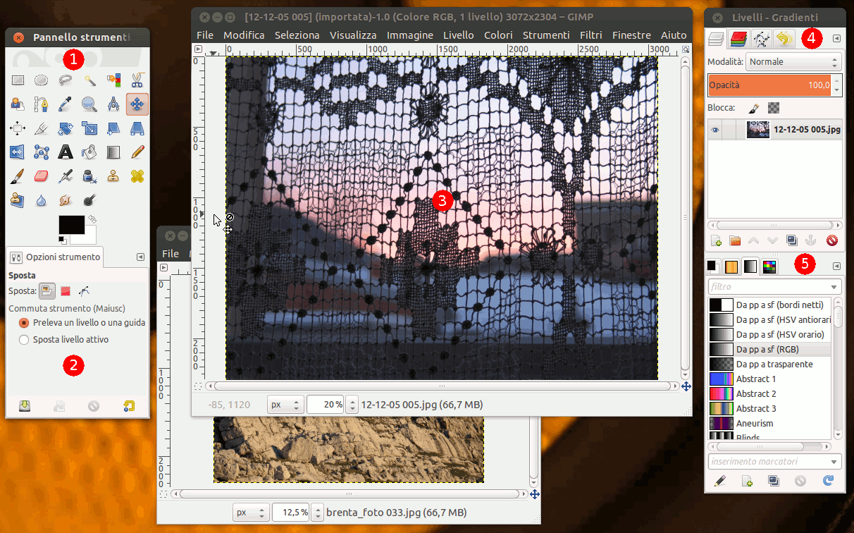 Le finestre base di GIMP 1. Il pannello degli strumenti: contiene un insieme di pulsanti icona usati per selezionare gli strume 2. Opzioni strumenti: opzioni dello strumento correntemente 3.