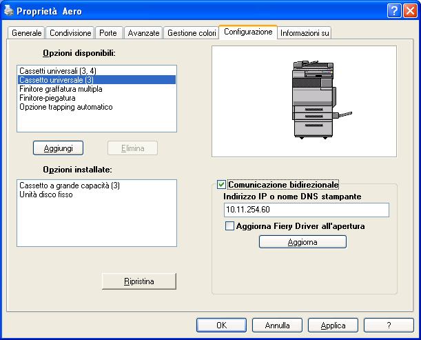 CONFIGURAZIONE DELLE OPZIONI INSTALLABILI 30 Configurazione delle opzioni installate e aggiornamento automatico delle opzioni di stampa Se si dispone di una rete abilitata per TCP/IP, è possibile