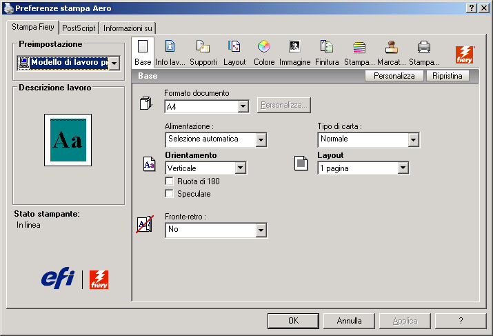 STAMPA 57 Personalizzazione dell icona Base L icona Base si trova nella scheda Stampa Fiery. È possibile personalizzarla con le opzioni di stampa utilizzate più spesso.