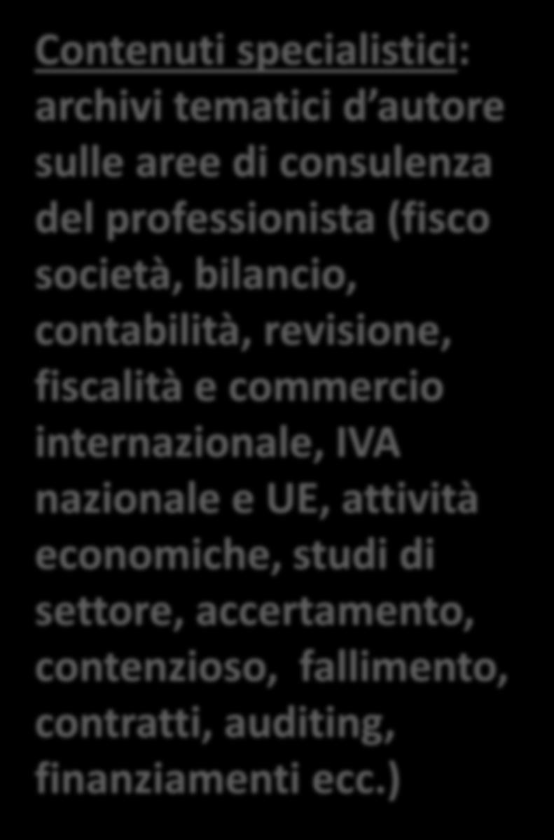 Contenuti specialistici: archivi tematici d autore sulle aree di consulenza del professionista (fisco società, bilancio, contabilità, revisione, fiscalità e