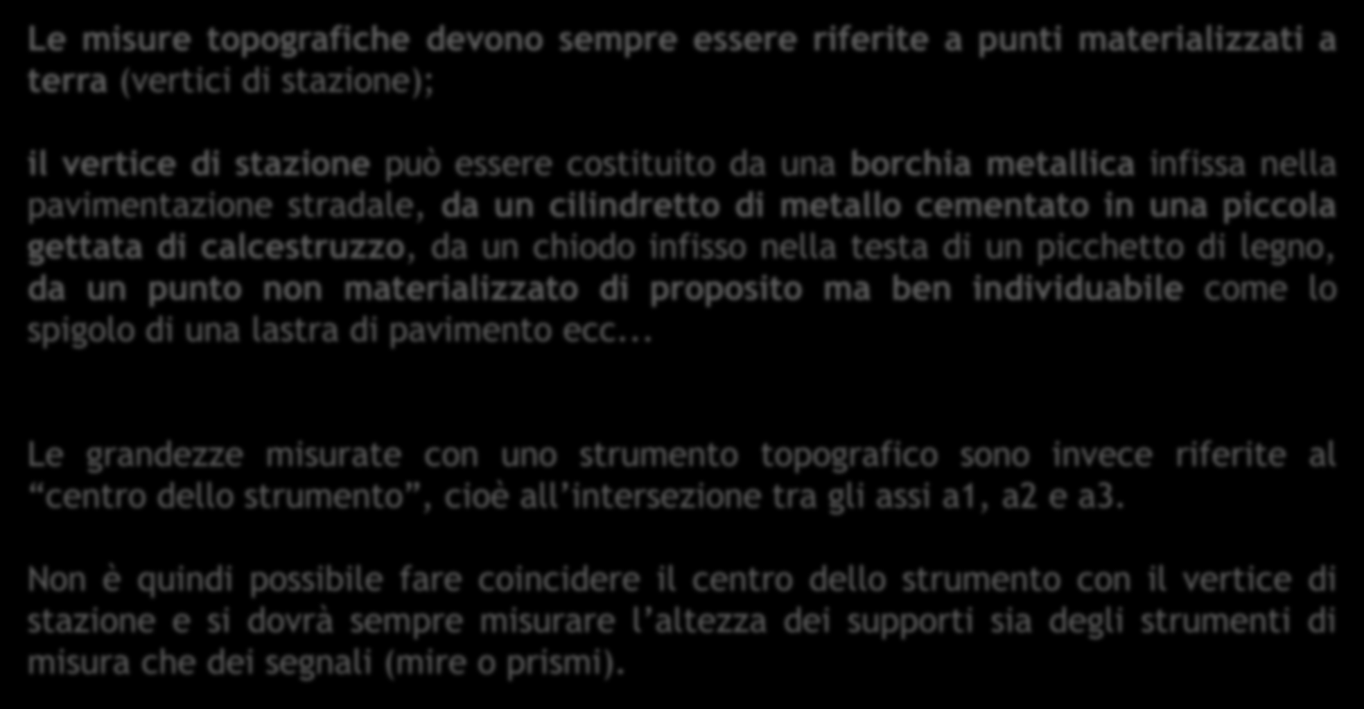 16 MESSA IN STAZIONE Messa in stazione: calare la verticale lungo il punto di stazione a terra Le misure topografiche devono sempre essere riferite a punti materializzati a terra (vertici di