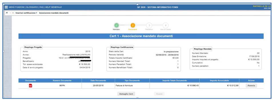 Associazione documenti probatori di spesa L utente accede alla seguente schermata dopo aver premuto il tasto Avanti dalla schermata di inserimento del mandato.