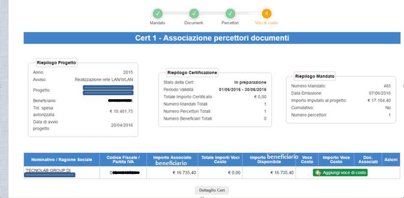 Associazione delle voci di costo Dopo aver associato il percettore e il beneficiario al documento, l utente deve associare le Voci di Costo.