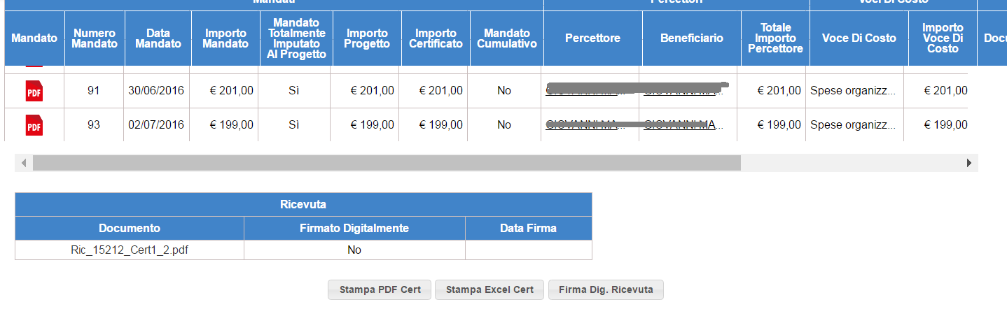 A questo punto il sistema inoltra la certificazione inserendo la data di inoltro e generando la Ricevuta. Occorre quindi procedere con la firma della ricevuta cliccando sul bottone FIRMA DIG.