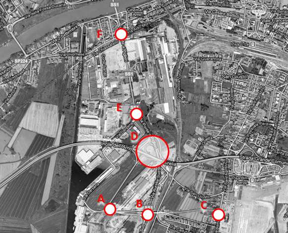 Comune di Pisa Studio Viabilistico SCENARIO DI RIFERIMENTO STATO DI FATTO Figura 34 Indagini di traffico Intersezioni analizzate I conteggi manuali sono stati utilizzati per monitorare le manovre di