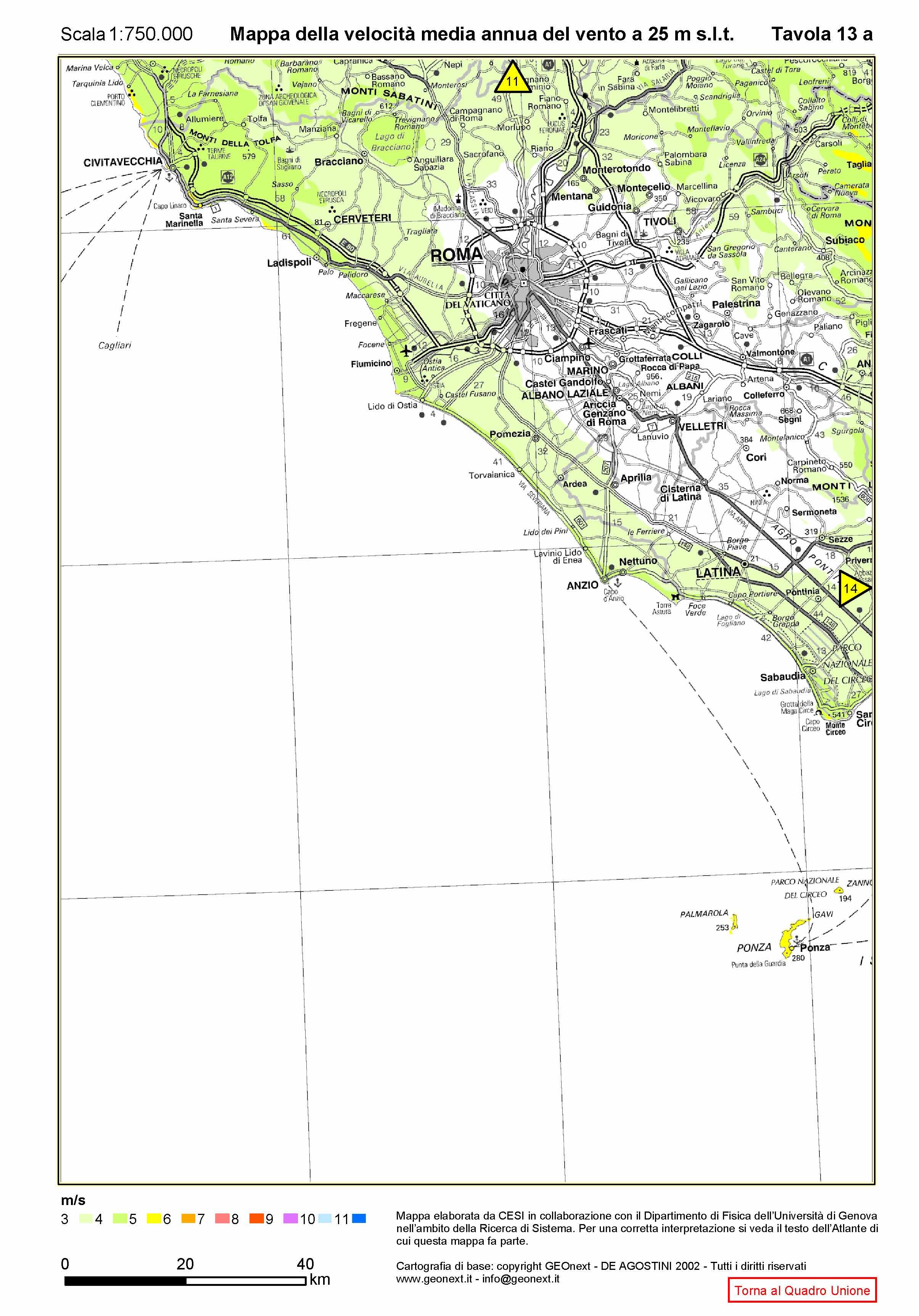 Mappa del Lazio della velocità annua 25m sul livello del terreno.