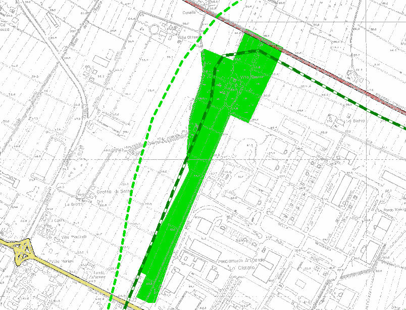 B.2.4.2.7 Nodo parco e viale alberato di Villa Bosdari Il nodo possiede una certa rilevanza grazie alle lunghe alberature che costeggiano il viale di accesso al parco e che attorniano la villa,