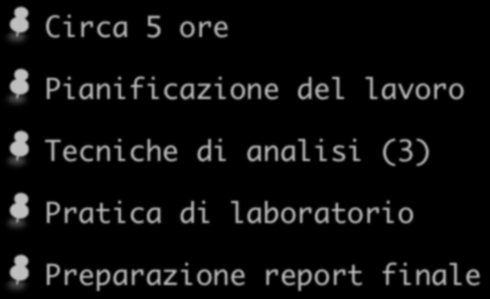 Introduzione alla pratica di laboratorio Circa 5 ore Pianificazione del