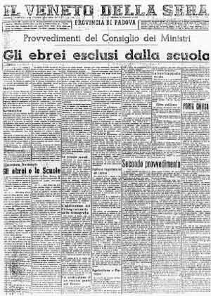 Il giornale padovano Il Veneto del 2-3 settembre 1938 annuncia i