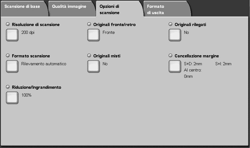 Opzioni di scansione Nella schermata Opzioni di scansione sotto E-mail, Scansione su mailbox, Scansione in rete oppure Scansione su FTP/SMB, è possibile configurare il metodo di scansione.