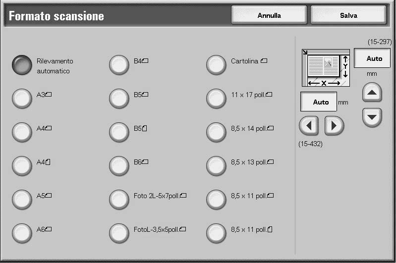 Formato scansione (specificazione di un formato di scansione) È possibile impostare il formato dei documenti da scansire.