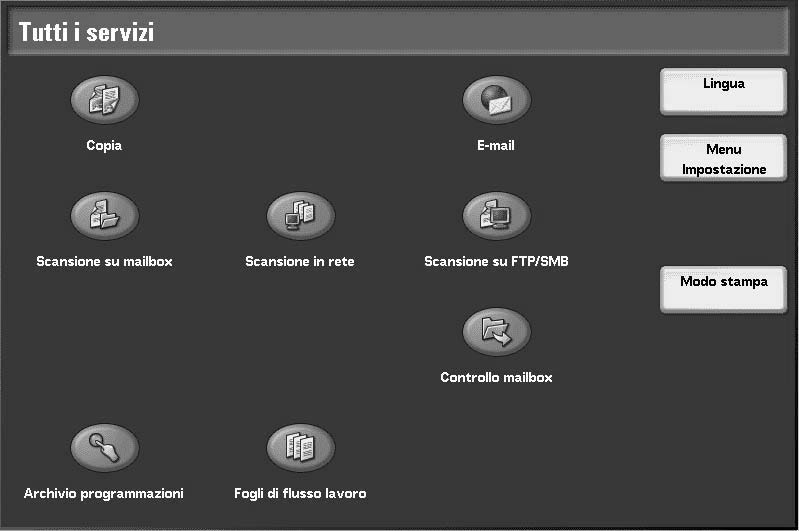 Di seguito viene descritto come utilizzare la funzione Scansione su mailbox. 1. Premere il pulsante Tutti i servizi. Pulsante Tutti i servizi 2.